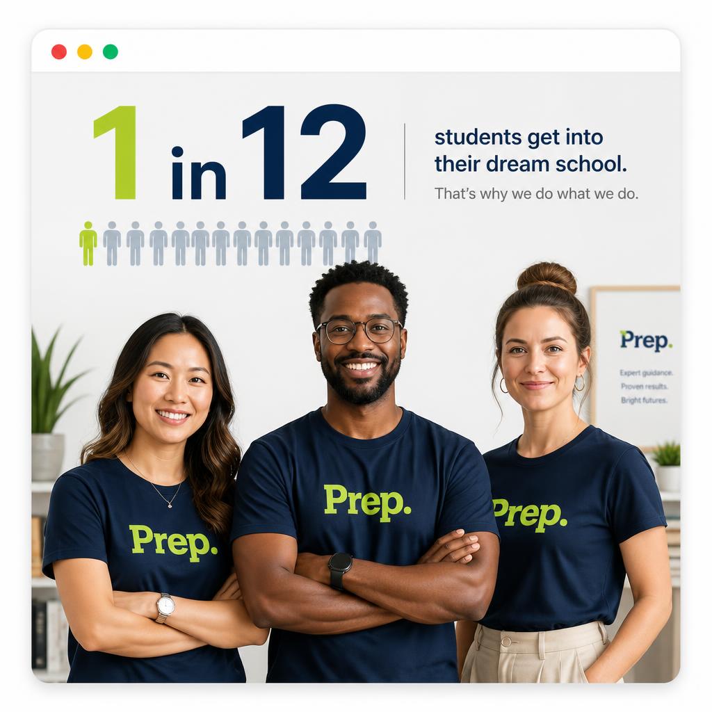 Three Prep tutors in navy Prep t-shirts with a 1 in 12 hiring infographic